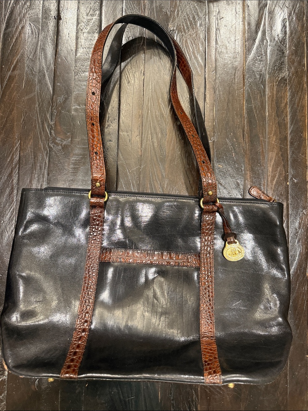 Brahmin Black Leather Shoulder Tote with Brown Croc-Texture Straps